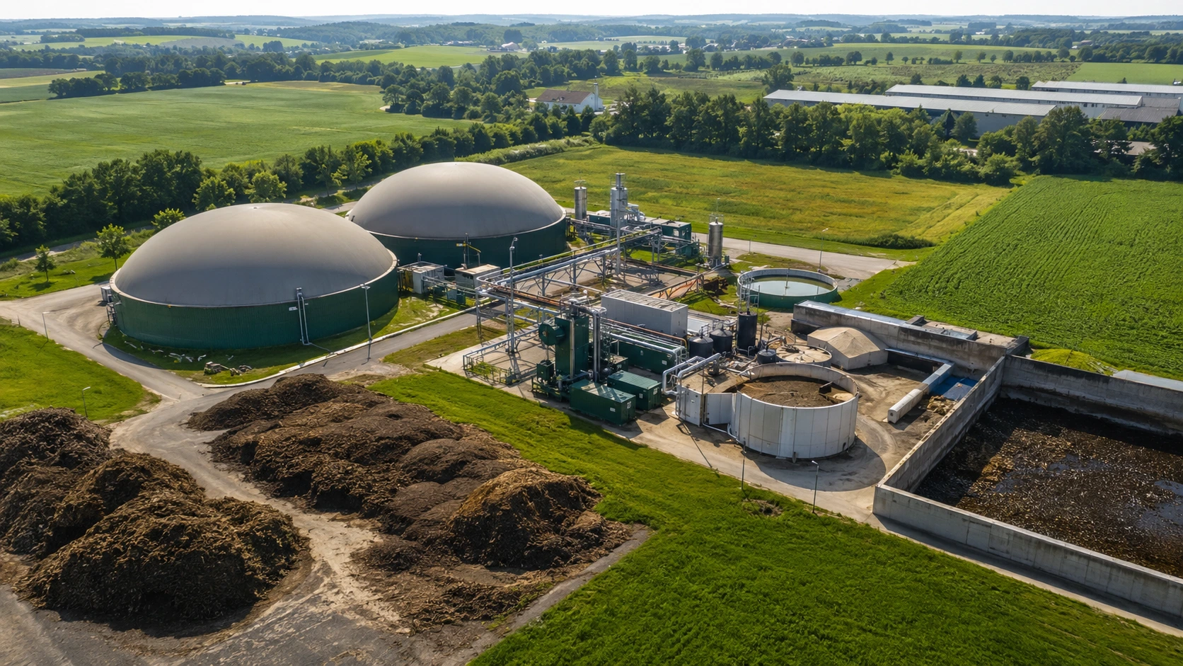 Aerial view of a large industrial biogas plant with dome-shaped anaerobic digesters and green farmland surroundings