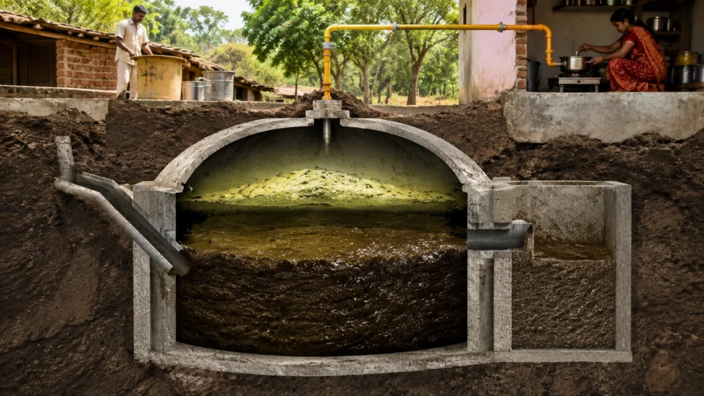Diagram of biogas plant components including digester inlet outlet gas dome and pipeline system in rural India