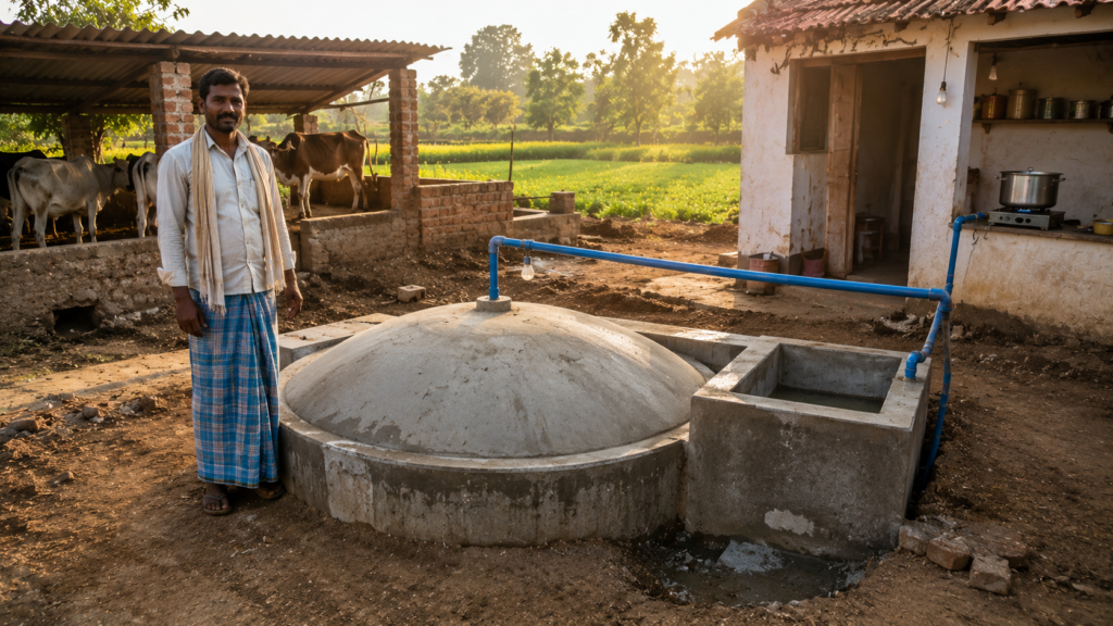Farmer in rural India setting up a small fixed-dome biogas plant next to cattle shed for cooking gas